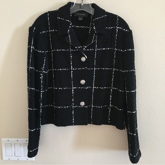 St. John Cropped Black & White Knit Jacket Medium USA Unlined - Picture 1 of 5